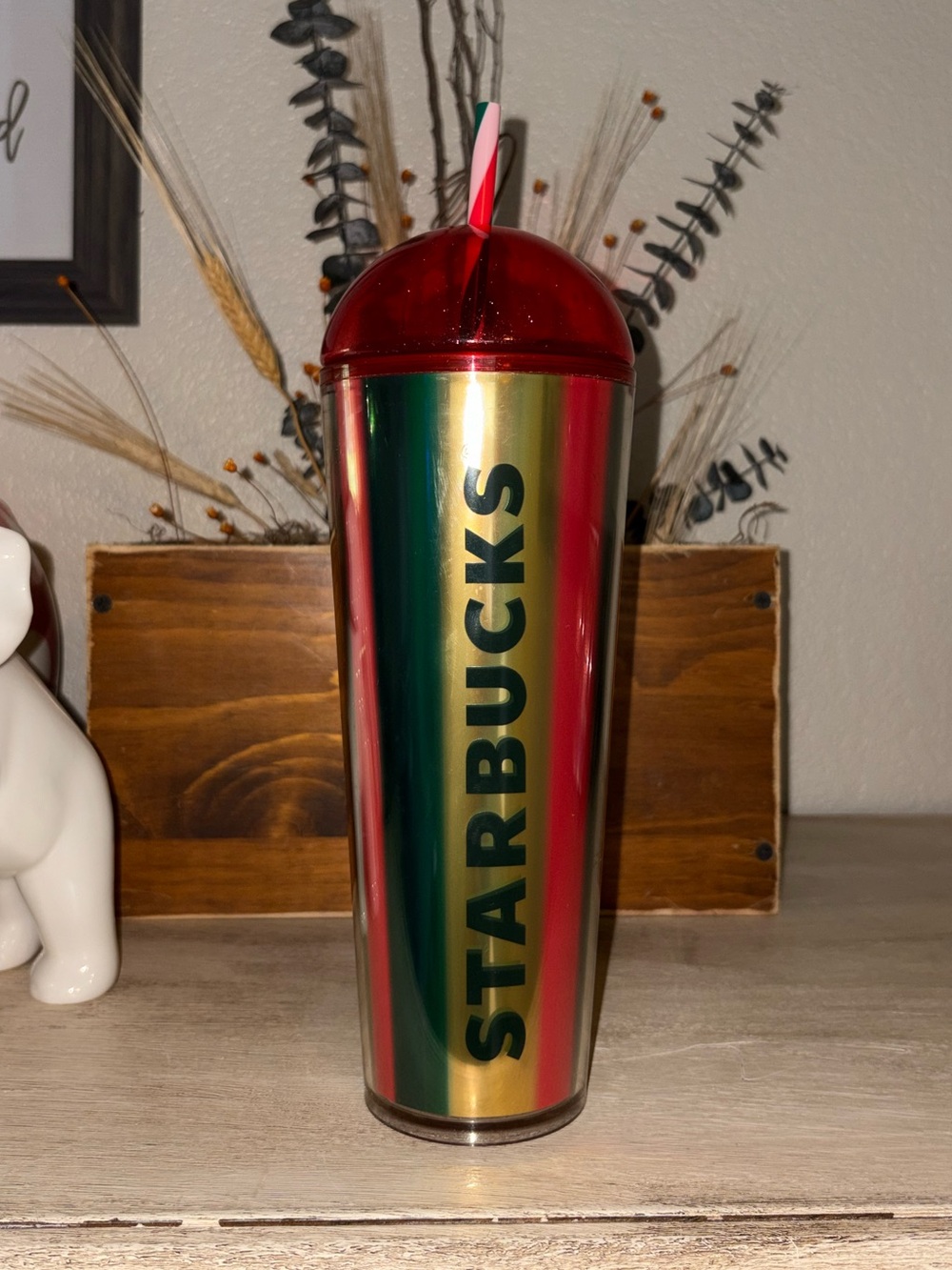 Starbucks Metallic Red, Green & Gold Reusable Tumbler with Straw